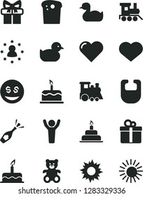 Solid Black Vector Icon Set - heart symbol vector, bib, rubber duck, baby duckling, teddy bear, toy train, children's, cake, birthday, gift, Easter, man hands up, stars around, dollar eyes, sun