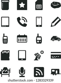 Solid Black Vector Icon Set - desktop microphone vector, bank card, rss feed, toy mobile phone, concrete mixer, smartphone, piece of meat, jam, big solar panel, retro car, SIM, pencil, calendar, sd