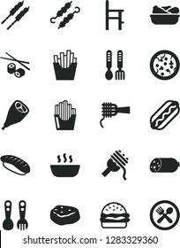 Solid Black Vector Icon Set - a chair for feeding vector, plastic fork spoons, iron, sausage, pizza, Hot Dog, burger, spaghetti, noodles, porridge, lettuce in plate, grill chicken leg, barbecue