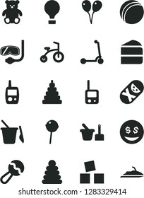 Solid Black Vector Icon Set - beanbag vector, bath ball, stacking rings, toy, tumbler, phone, mobile, sand set, children's, small teddy bear, cubes for children, colored air balloons, child bicycle