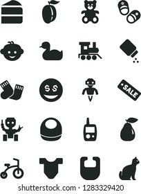 Solid Black Vector Icon Set - baby powder vector, bib, Child T shirt, rubber duck, warm socks, toy mobile phone, teddy bear, children's hairdo, train, bicycle, shoes, piece of cake, pear, ripe plum