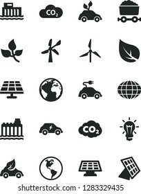 Solid Black Vector Icon Set - sign of the planet vector, solar panel, leaves, leaf, windmill, wind energy, Earth, hydroelectric station, hydroelectricity, eco car, environmentally friendly transport