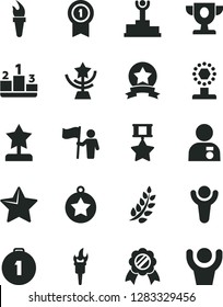 Solid Black Vector Icon Set - star vector, pedestal, flame torch, winner, laurel branch, podium, prize, cup, reward, man with medal, hold flag, first place, pennant, hero, ribbon, hands up