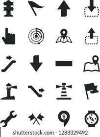 Solid Black Vector Icon Set - upward direction vector, downward, wind indicator, minus, index finger, map, flag, move up, down, lighthouse, coastal, repair, radar, cross flags, dollar pin, escalator
