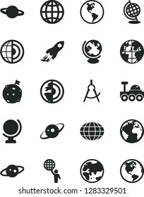 Solid Black Vector Icon Set - sign of the planet vector, globe, earth, scribed compasses, space rocket, core, saturn, lunar rover, man hold world, flag on moon