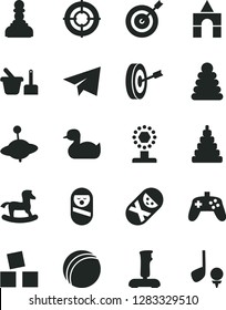 Solid Black Vector Icon Set - paper airplane vector, rubber duck, bath ball, stacking rings, toy, roly poly doll, tumbler, sand set, yule, small rocking horse, cubes for children, box of bricks, cup