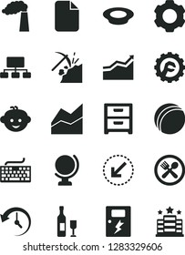 Solid Black Vector Icon Set - keyboard vector, line chart, bath ball, children's hairdo, star gear, dangers, left bottom arrow, globe, nightstand, a plate of milk, coal mining, manufacture, scheme