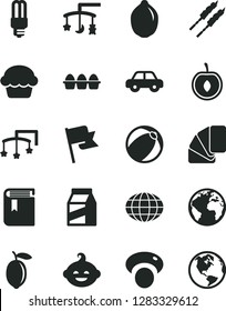 Solid Black Vector Icon Set - sign of the planet vector, book, toys over cradle, cot, baby bath ball, motor vehicle, funny hairdo, sample colour, flag, package, bundle eggs, cake, barbecue, lemon