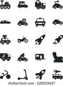 Solid Black Vector Icon Set - Baby chair vector, motor vehicle present, tricycle, child Kick scooter, car, delivery, eco, electric, retro, autopilot, rocket, space, Express, lunar rover, limousine