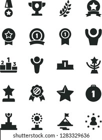Solid Black Vector Icon Set - star vector, pedestal, winner, laurel branch, podium, prize, cup, reward, motivation, first place medal, with pennant, ribbon, hands up man, stars around