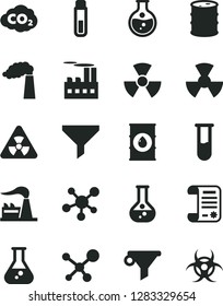 Solid Black Vector Icon Set - round flask vector, manufacture, factory, oil, barrel, industrial building, radiation, carbon dyoxide, filter, water, research article, test tube, molecule, nuclear