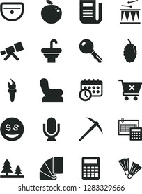 Solid Black Vector Icon Set - Baby chair vector, drumroll, sample of colour, washbasin, sink, calculation, key, microphone, crossed cart, mulberry, delicious apple, forest, newspaper, schedule clock