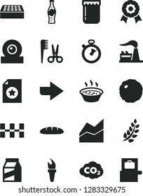Solid Black Vector Icon Set - right direction vector, line chart, accessories for a hairstyle, ceramic tiles, brick, package, loaf, porridge in saucepan, cabbage, bottle of soda, jam, factory, medal