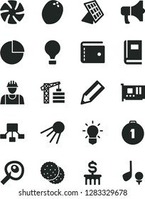Solid Black Vector Icon Set - purse vector, pie chart, tower crane, builder, megaphone, artificial satellite, biscuit, coconut, pencil, hierarchical scheme, fan, pc card, bulb, book, sun panel, golf