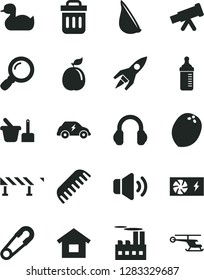 Solid Black Vector Icon Set - measuring bottle for feeding vector, safety pin, rubber duck, comb, toy sand set, dwelling, road fence, volume, garlic, guava, coconut, industrial building, headphones