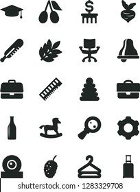 Solid Black Vector Icon Set - bell vector, mercury thermometer, stacking rings, small rocking horse, cogwheel, hanger, cornels, tasty mulberry, beet, Glass bottle, magnifying, portfolio, briefcase