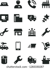 Solid Black Vector Icon Set - repair key vector, workman, smartphone, delivery, shipment, modern gas station, industrial enterprise, pipes, stall, phone call, urgent cargo, Express, three stars, atm