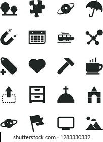 Solid Black Vector Icon Set - heart symbol vector, add label, box of bricks, Puzzle, hammer, umbrella, flag, nightstand, coffee, move up, trees, magnet, wall calendar, monitor, molecule, saturn