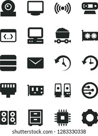Solid Black Vector Icon Set - bedside table vector, trolley with coal, computer, cpu, pc card, gpu, monitor, web camera, speaker, network, coding, lan connector, wireless, big data, mail, history