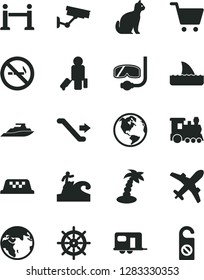 Solid Black Vector Icon Set - earth vector, train, camper, taxi, escalator, rope barrier, passenger, plane, palm tree, diving mask, surfing, pets, surveillance, cart, no smoking sign, handwheel