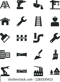 Solid Black Vector Icon Set - repair key vector, crane, building trowel, cordless drill, wooden paint brush, stepladder, ladder, construction level, city block, ceramic tiles, putty knife, home