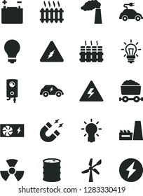 Solid Black Vector Icon Set - danger of electricity vector, matte light bulb, radiator, boiler, wind energy, manufacture, barrel, accumulator, thermal power plant, electric car, transport, cast iron