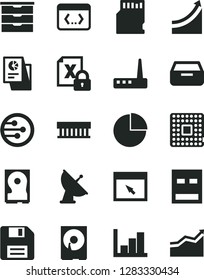 Solid Black Vector Icon Set - floppy disk vector, pie chart, negative histogram, storage unit, drawer, processor, statistical research, radiator fan, encrypting, hdd, usb, router, network, browser