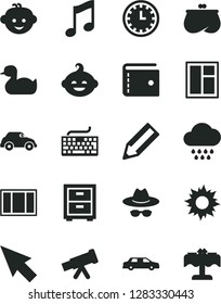Solid Black Vector Icon Set - clock face vector, purse, keyboard, hat with glasses, bedside table, rubber duck, cloud, children's hairdo, funny, window, frame, music, retro car, pencil, cursor, sun