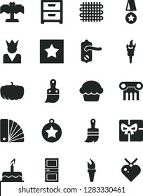 Solid Black Vector Icon Set - cake vector, color samples, plastic brush, wooden paint, door knob, interroom, nightstand, pumpkin, weaving, giftbox, flame torch, star medal, king, restaurant, column