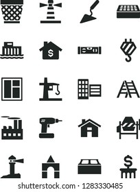 Solid Black Vector Icon Set - house vector, wicker pot, box of bricks, hook, building trowel, concrete mixer, window, cordless drill, ladder, level, city block, brick, hydroelectric station, coastal