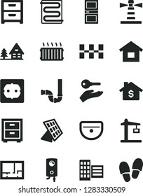 Solid Black Vector Icon Set - bedside table vector, dwelling, sink, siphon, lay out of flat, power socket type f, interroom door, city block, ceramic tiles, heating coil, boiler, nightstand