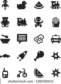 Solid Black Vector Icon Set - image of thought vector, baby duckling, toy mobile phone, deep plate with a spoon, small teddy bear, train, children's, child bicycle, car, chicken leg, popcorn, fish