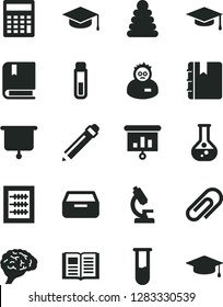 Solid Black Vector Icon Set - clip vector, graphite pencil, calculator, new abacus, stacking rings, e, book, notebook, drawer, square academic hat, flask, presentation, test tube, microscope, brain