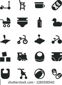 Solid Black Vector Icon Set - measuring bottle for feeding vector, diaper, nappy, bib, baby, carriage, sitting stroller, rubber duck, bath ball, tumbler, children's potty, a chair child, train, yule