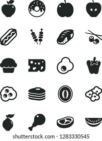 Solid Black Vector Icon Set - piece of cheese vector, fried vegetables on sticks, Hot Dog, cake, glazed with a hole, chicken leg, bacon, peper, Chinese chopsticks, sushi, popcorn, egg, omelette, red