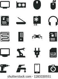 Solid Black Vector Icon Set - cordless drill vector, heating coil, faucet mixer, headphones, smartphone, electric plug, assembly robot, SIM, mouse, pc power supply, tower, motherboard, gpu card