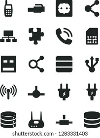 Solid Black Vector Icon Set - Puzzle vector, power socket type f, big data, plug, electric, SIM, connection, connections, scheme, phone call, mobile, usb, router, connect, lan connector, wireless