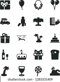 Solid Black Vector Icon Set - colored air balloons vector, balloon, birthday cake, gift, Easter, torte, lollipop, glass, giftbox, wine, car baggage, passenger, hotel, beach, palm tree, hawaii wreath