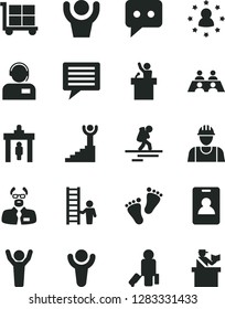 Solid Black Vector Icon Set - image of thought vector, cargo trolley, footprints, builder, operator, think, conversation, scientist, winner, stairway, man hands up, with ladder, speaker, backpacker