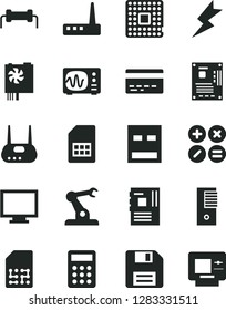 Solid Black Vector Icon Set - floppy disk vector, monitor, bank card, lightning, math actions, processor, assembly robot, SIM, calculator, pc power supply, tower, motherboard, usb, router, resistor