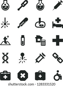 Solid Black Vector Icon Set - mark of injury vector, spectacles, first aid kit, plus, electronic thermometer e, mercury, medical bag, estimate, temperature, round flask, outdoor, test tube, dna