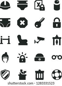 Solid Black Vector Icon Set - mark of injury vector, diaper, nappy, powder, Baby chair, winter hat, warm, construction helmet, dust bin, lock, encrypting, glasses, rope barrier, security gate, key