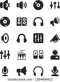 Solid Black Vector Icon Set - desktop microphone vector, horn, loudspeaker, drumroll, headphones, regulator, volume, no sound, operator, megaphone, cd, pc speaker, settings