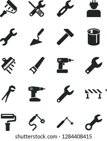 Solid Black Vector Icon Set - paint roller vector, repair key, building trowel, small tools, adjustable wrench, cordless drill, hand saw, spatula, road fence, hammer, builder, pipes, welding, gas