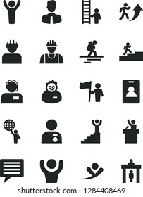 Solid Black Vector Icon Set - image of thought vector, builder, employee, operator, scientist, man arrow up, carrer stairway, winner, hold world, hands, with medal, flag, ladder, speaker, flying