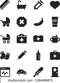 Solid Black Vector Icon Set - heart symbol vector, mark of injury, first aid kit, mug for feeding, measuring bottle, baby stroller, carriage, mercury thermometer, comb, warm socks, bag a paramedic