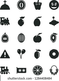 Solid Black Vector Icon Set - warning vector, baby toy train, children's, yule, colored air balloons, peper, ripe peach, quince, melon, half of mango, loquat, lemon, slice, pineapple, gpu card