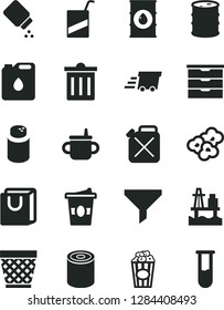 Solid Black Vector Icon Set - wicker pot vector, bin, storage unit, mug for feeding, powder, baby, e, bag with handles, tin, popcorn, cup of, coffe to go, sea port, oil, barrel, canister, filter