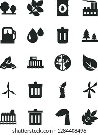 Solid Black Vector Icon Set - bin vector, dust, apple stub, leaf, gas station, windmill, wind energy, manufacture, oil, hydroelectric, hydroelectricity, trees, forest, industrial building, drop