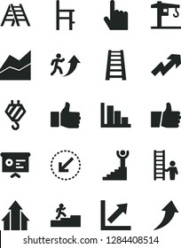 Solid Black Vector Icon Set - growth up vector, line chart, positive histogram, a chair for feeding, crane, hook, stepladder, ladder, left bottom arrow, index finger, thumb, financial report, man